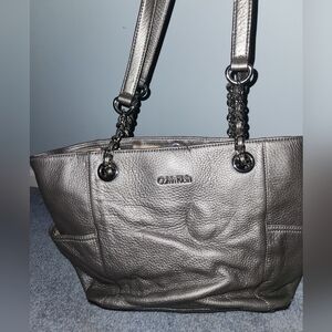 NWT Calvin Klein Metallic Silver Leather Tote Bag